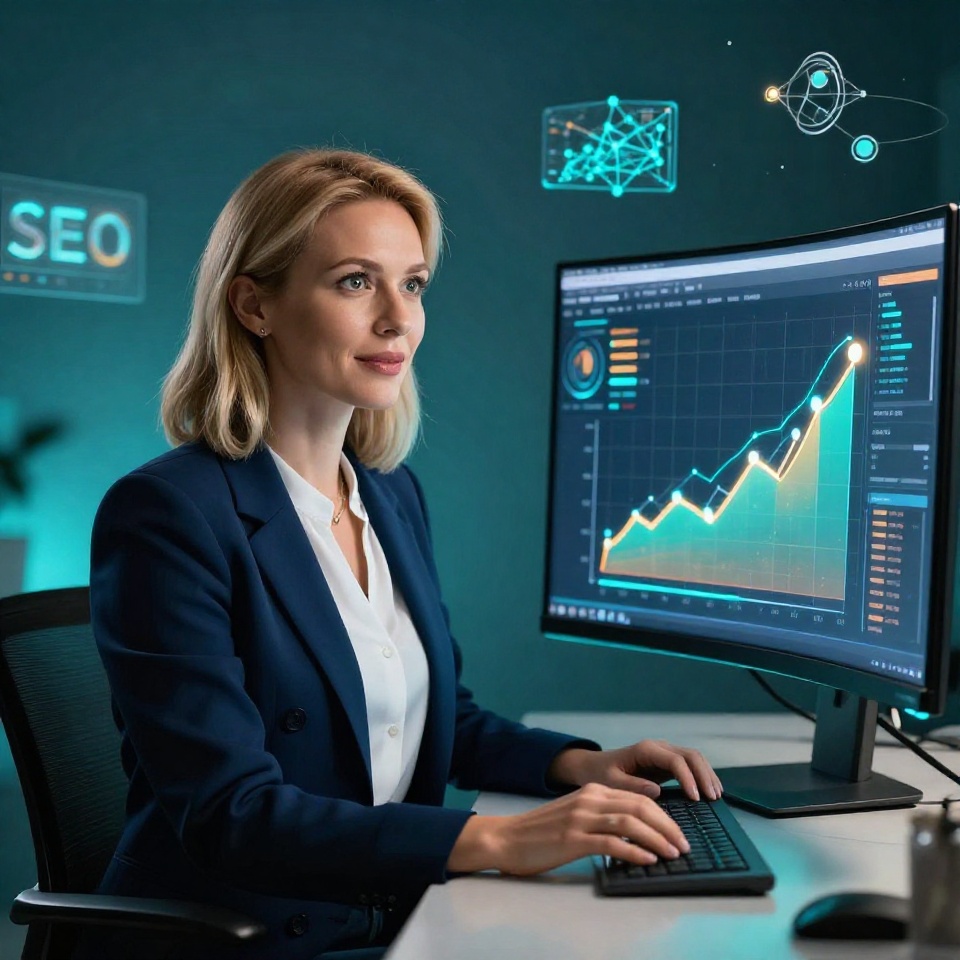 Українська SEO-спеціалістка аналізує метрики та сценарії зростання на сучасному робочому місці з яскравими візуалізаціями даних.